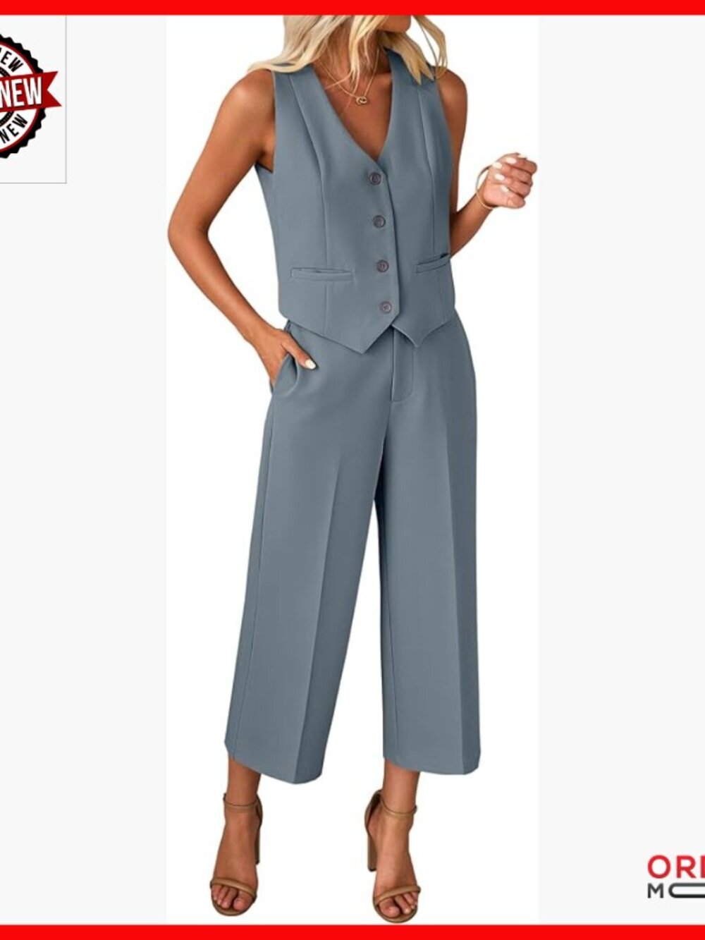 Sleeveless Blazer Vest and Wide Leg Capri Pants 2-Piece Work Outfit